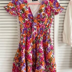 Floral Tie-Front Midi Dress in Pink, Orange & Purple
